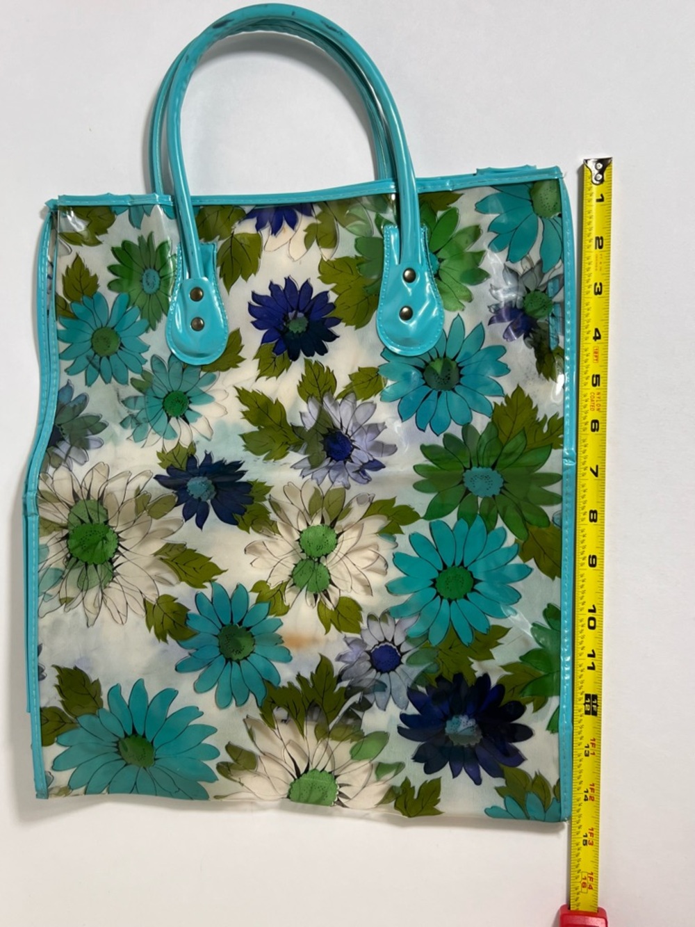 Groovy Vintage Clear Vinyl Retro Blue Green Floral Daisy Tote Bag 60s 70s - Picture 5 of 16